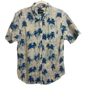 Carbon Men’s Large Hawaiian Shirt White Blue Palm Tree Short Sleeve Button Up